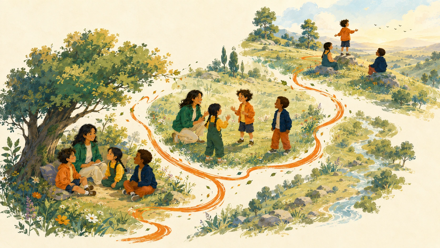 孩子沿着橙色声音路径穿过三处自然学习场景的原创插画
